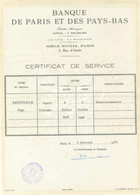 Work certificate, 1973 - BNP Paribas Historical Archives, Restouble-Chabrol Collection