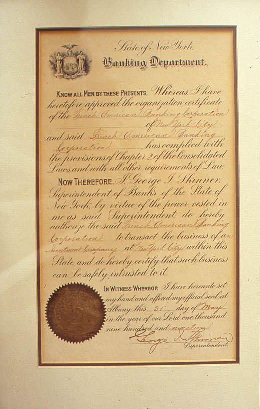 Autorisation d'exploitation d&eacute;livr&eacute;e par l'&eacute;tat de New-York de la French American Banking Corporation