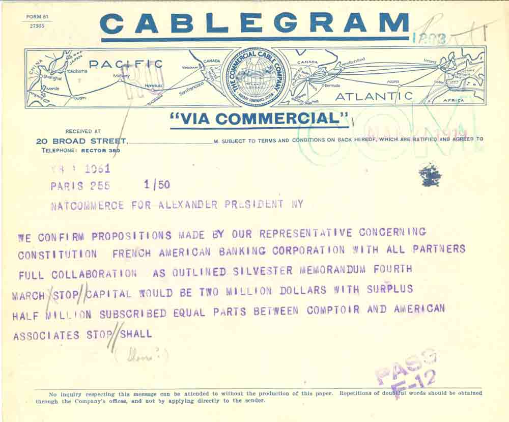 Télégramme du CNEP donnant accord pour la constitution de la FABC en 1919