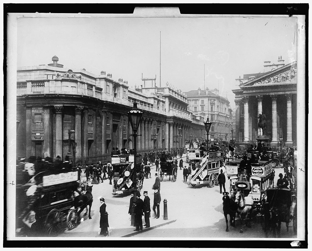 Banque d’Angleterre et Bourse, à droite, Londres, 1900-1910, Bibliothèque du Congrès
