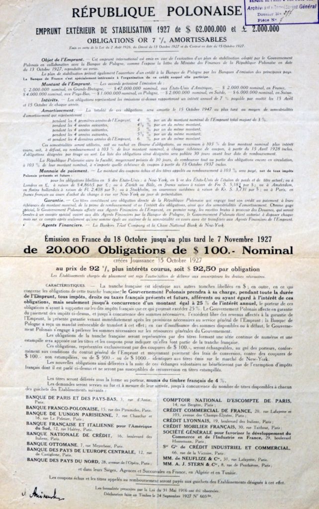 Issuance of the stabilization loan of the Republic of Poland, 1927. Information memorandum of the French tranche - BGŻ BNP Paribas Historical Archives