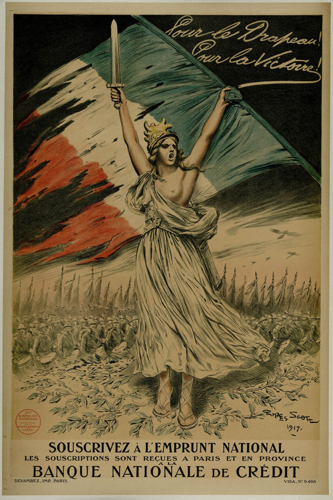 Affiche de la Banque nationale de crédit en faveur du 3e emprunt de la défense nationale,1917. Illustration de Georges Bertin Scott de Pagnolle – Archives historiques BNP Paribas