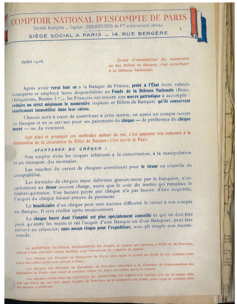 Prospectus commercial du CNEP présentant les avantages du chèque, 1916 – Archives historiques BNP Paribas