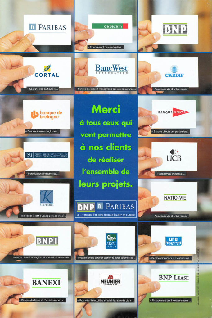 Panorama des logos de l’ensemble des sociétés et filiales composant le Groupe BNP Paribas à sa création en 2000 – Archives historiques BNP Paribas