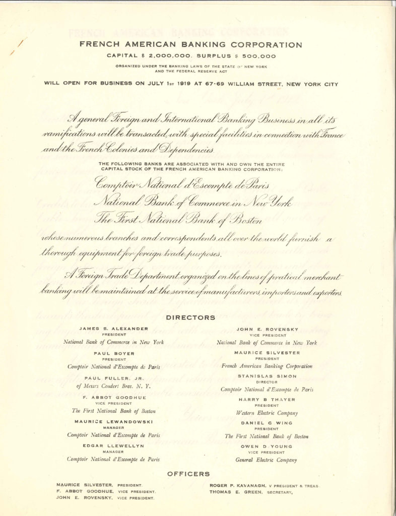Lettre de Juillet 1919 présentant les services de la FABC et son organisation – Archives historiques BNP Paribas