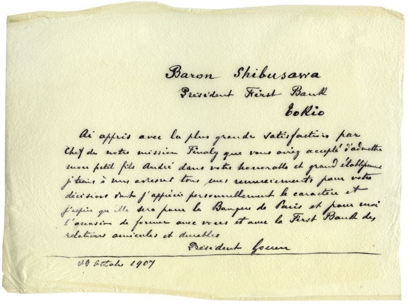 Letter from Eugène Goüin to Baron Shibusawa, President of First Bank, Tokyo, October 24th 1907 © BNP Paribas historical collections
