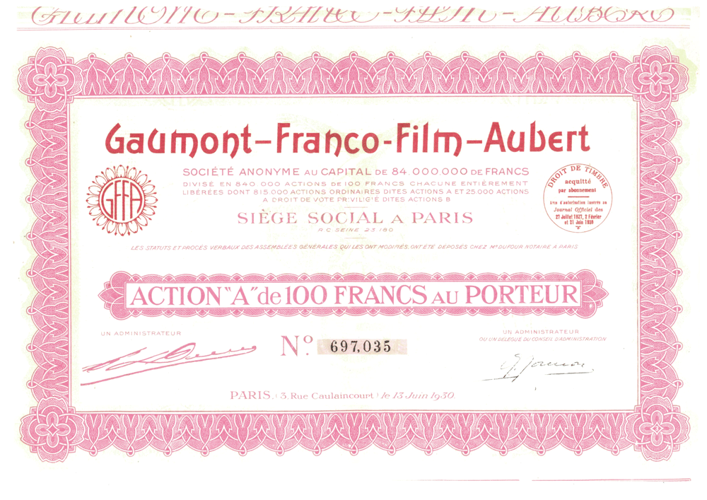 Action de la Gaumont-Franco-Film-Aubert, 1930 – Archives historiques BNP Paribas