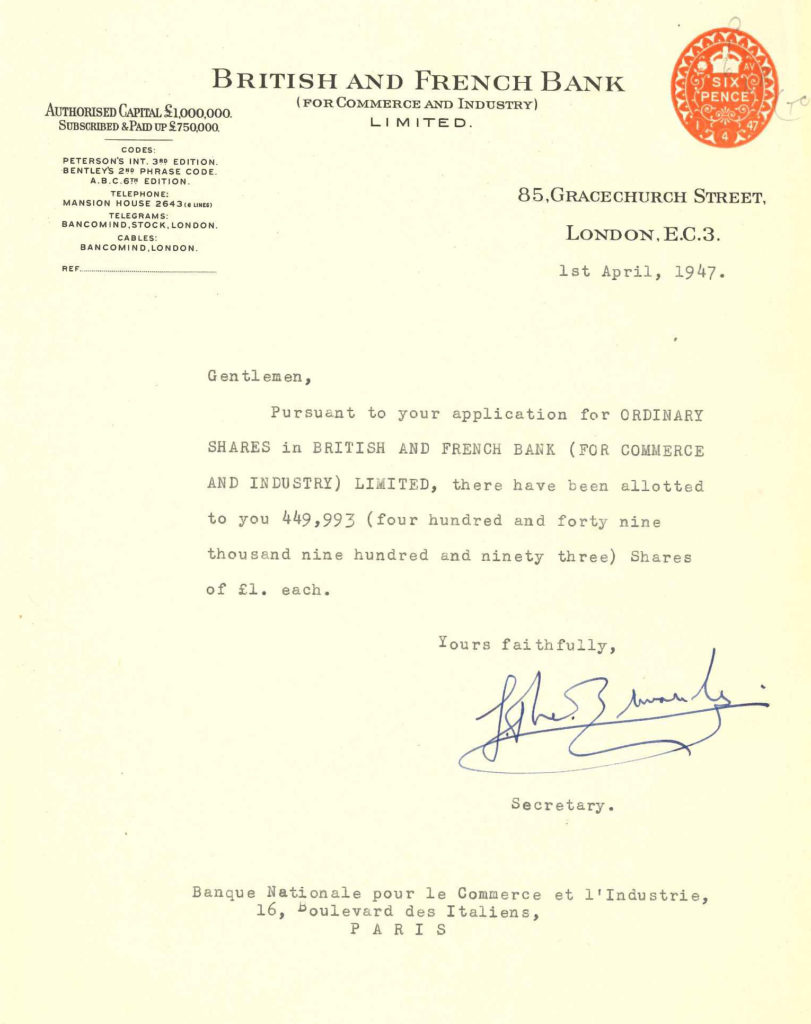 B&FB ordinary shares application 11-04-1947, Archives historiques BNP Paribas