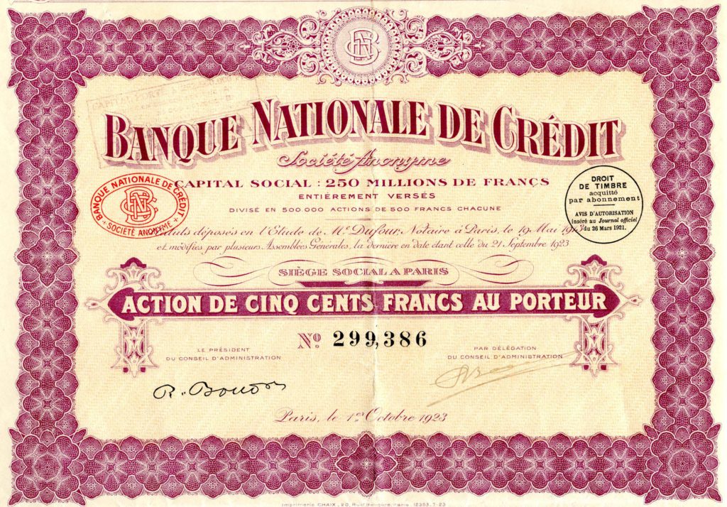 Action de la BNC, 1923 - BNP Paribas Historical Archives