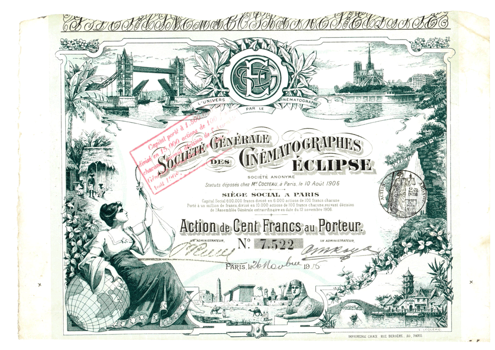 Share of the Société Générale des Cinématographes Eclipse, 1917 - BNP Paribas Historical Archives