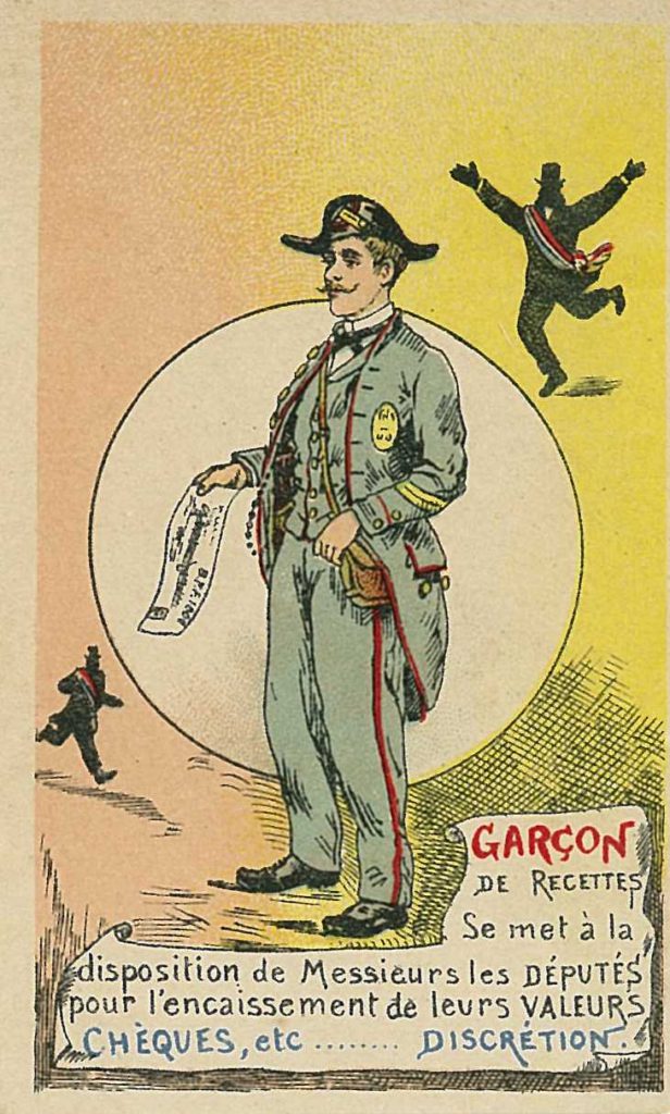 Carte postale satirique sur le personnel politique mettant en exergue le garçon de recette, vers 1900 – Archives historiques BNP Paribas