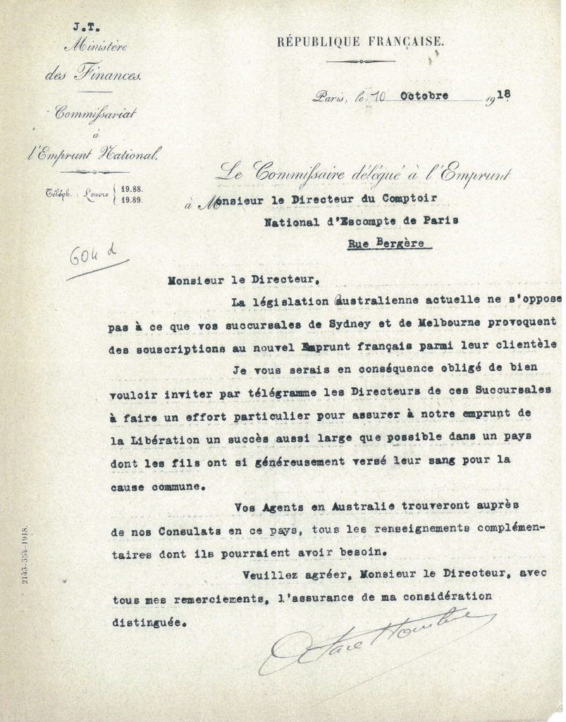 Lettre du Ministère des Finances du 10 octobre 1918 adressée au Directeur du Comptoir national d'escompte de Paris - Archives historiques BNP Paribas 