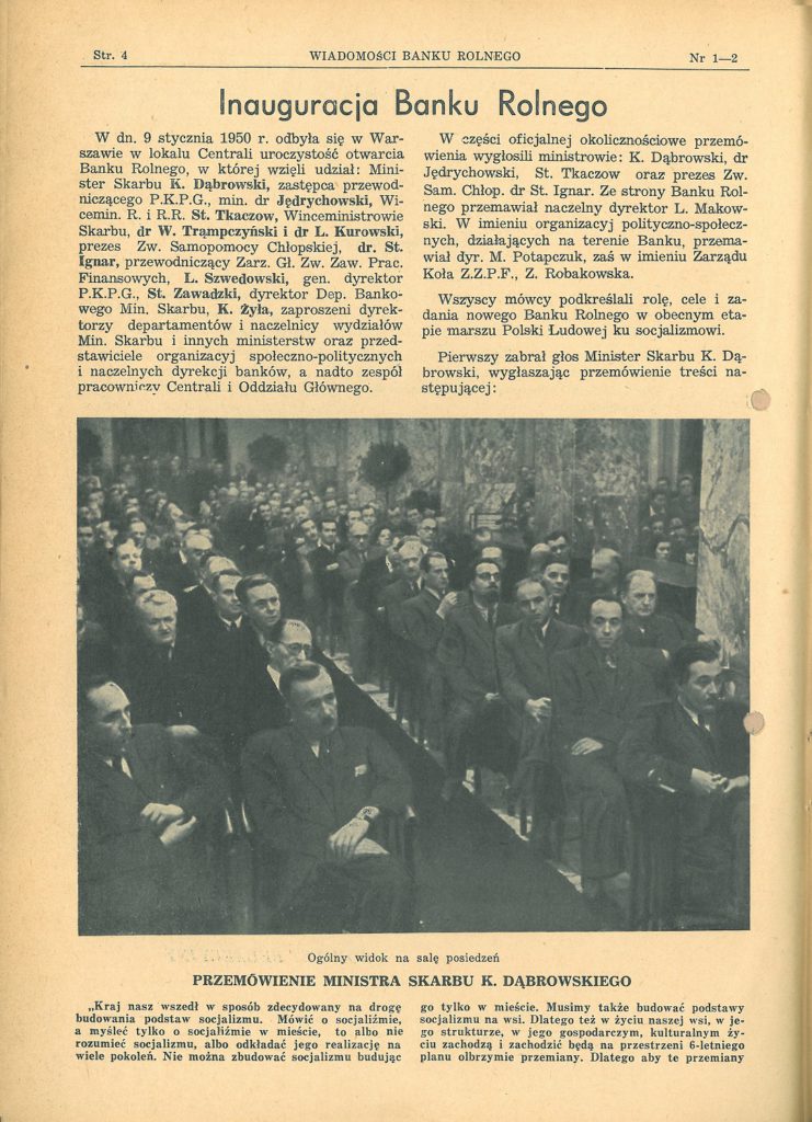 Inauguration de la Bank Rolny en 1950, extrait magazine interne de la banque – Archives historiques BGŻ BNP Paribas