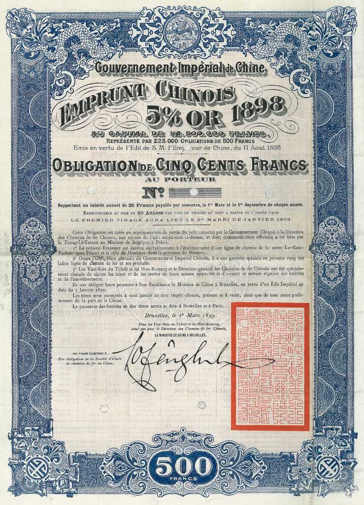 Copy of a Fr 500 bond, Fr 112,500,000 loan for Peking-Hankou, Historical Archives BNP Paribas