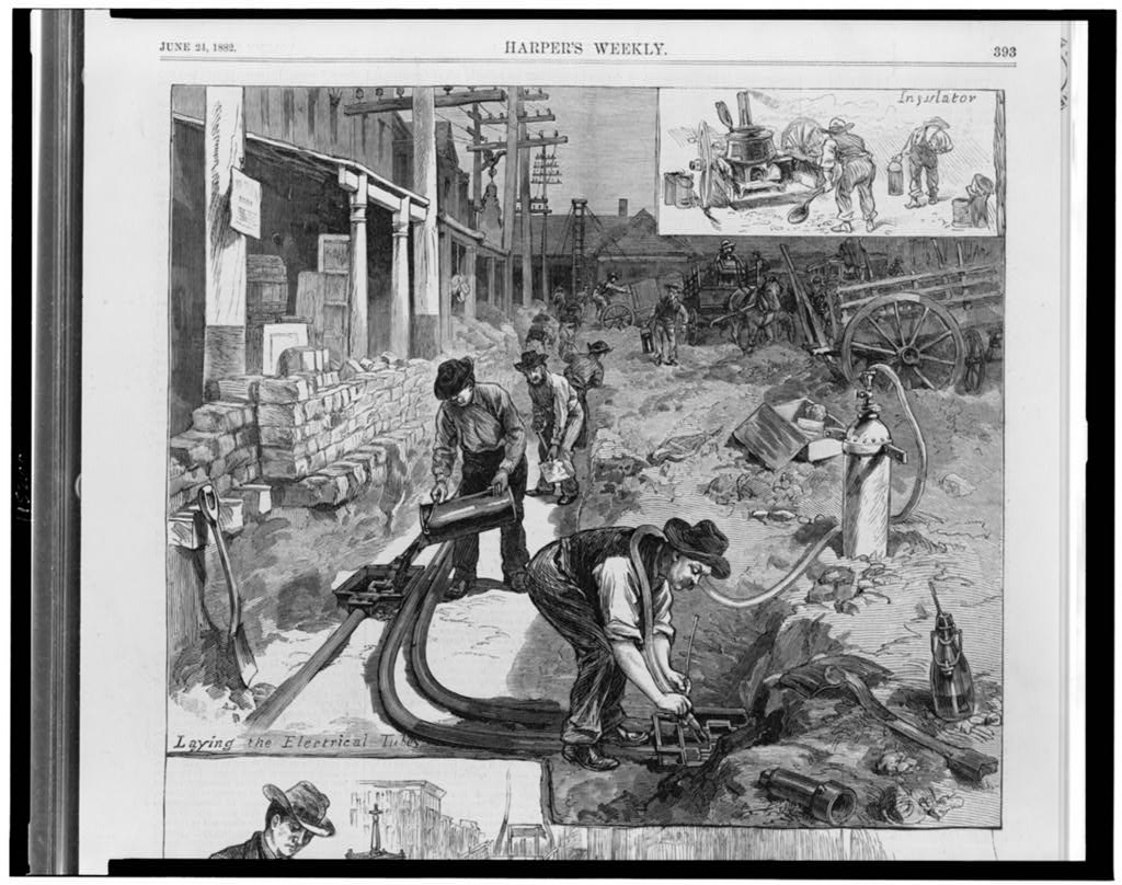 The electric light in houses–laying the electrical tubes, dessin de W.P. Snyder. 1882. Bibliothèque du Congrès