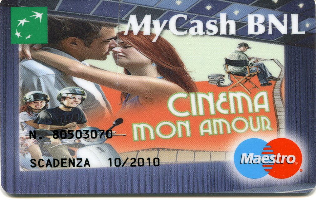 Visuel de la catre prépayée « My cash » reprenant le slogan « Cinéma mon amour » du Festival de Cinéma Festa Internazionale di Roma – Archives historiques BNL
