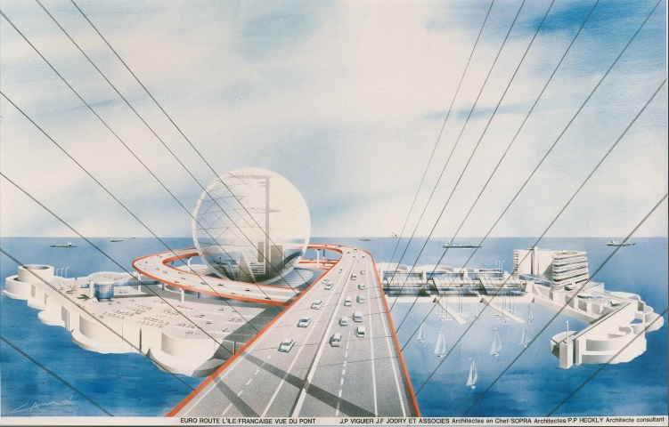 Projet  de « pont-tunnel-pont » présenté par Euroroute : l’île française vue du pont – Archives historiques BNP Paribas
