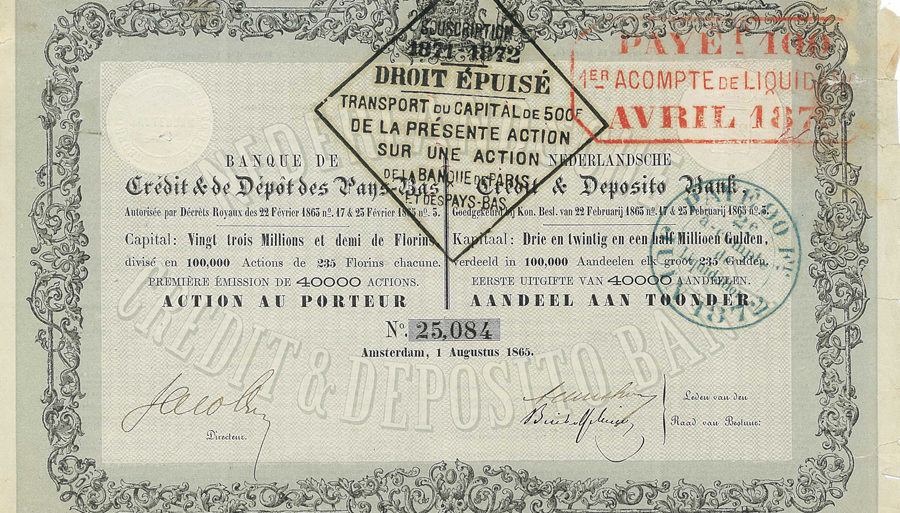 Action de la Banque de crédit et de dépôt et des Pays-Bas, 1865 - Archives historiques BNP Paribas