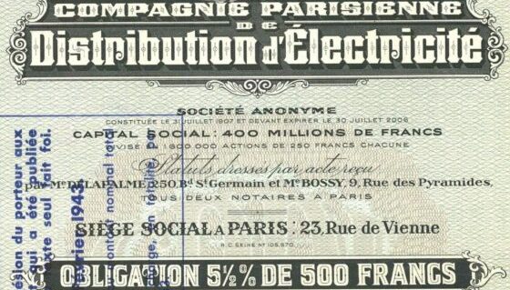 Brochure of the Compagnie parisienne de distribution d'électricité. Issuance of nominal bond 5,5% of FRF 500 bearer shares, 1937. BNP Paribas Historical Archives