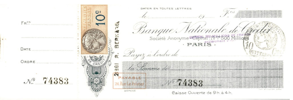 Cheque on the letterhead of the Banque Nationale de Crédit (BNC), between 1913 and 1932 - BNP Paribas Historical Archives