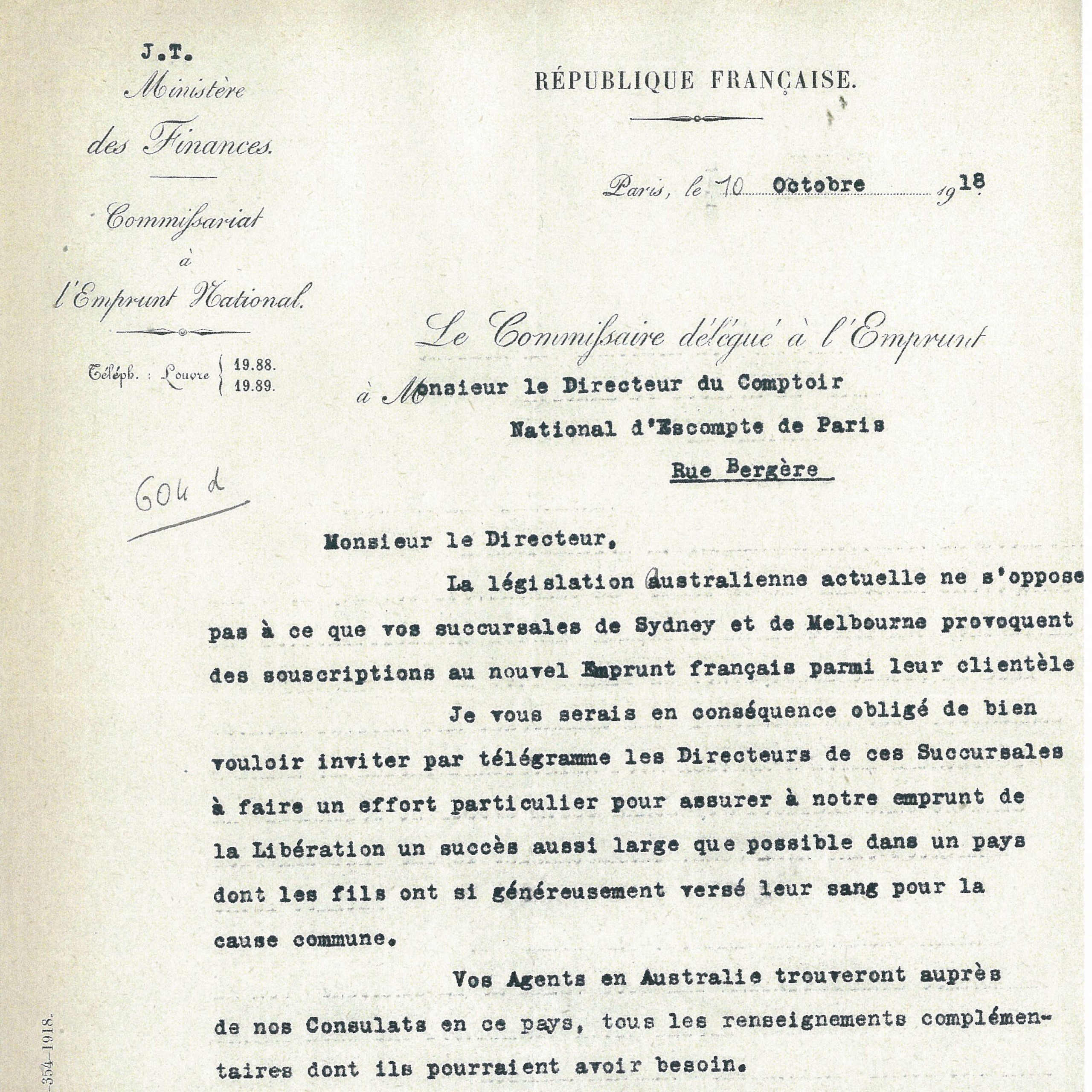 Lettre du Ministère des Finances du 10 octobre 1918 adressée au Directeur du Comptoir national d'escompte de Paris - Archives historiques BNP Paribas