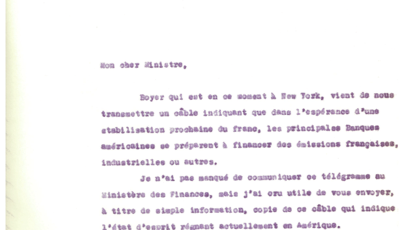 Lettre d'Horace Finaly au ministre André Tardieu, 1926. Archives historiques de BNP Paribas.