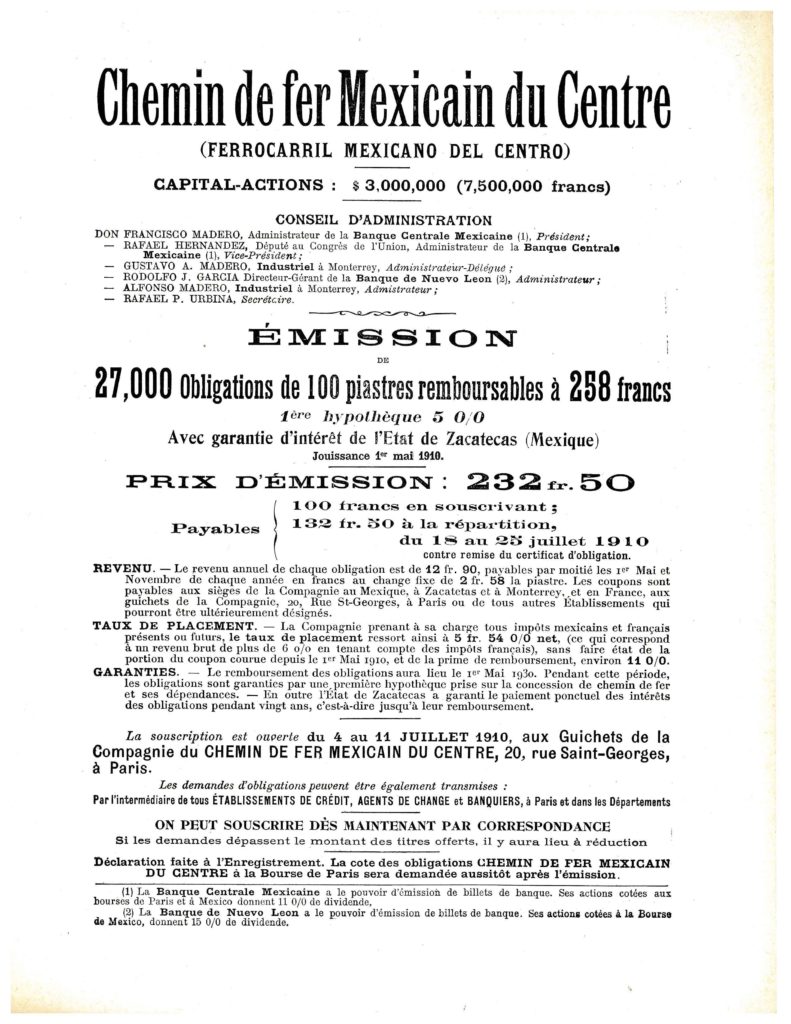 Ferrocaril Mexicano del Centro, bond issuance in1899 & map, BNP Paribas Historical Archives