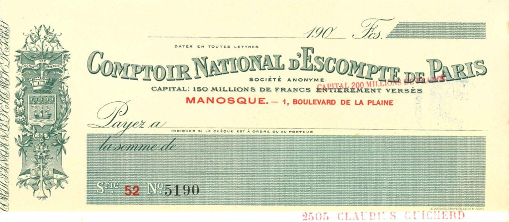 Chèque vierge, imprimé au nom de l'agence du Comptoir national d'escompte de Paris (CNEP) de Manosque, vers 1900, Archives historiques de BNP Paribas, cote 3IMP2_22.