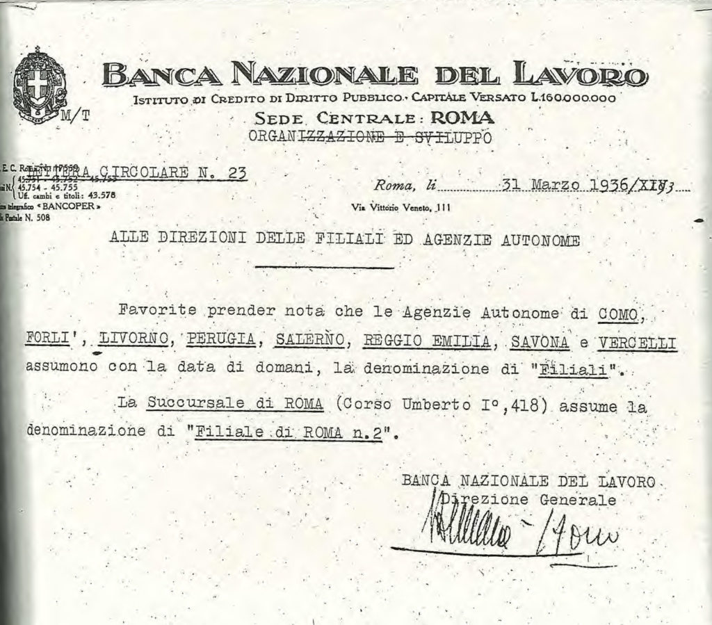 Lettre circulaire n°23 de 1936 issue du Siège central de Rome, Archives historiques de la BNL.