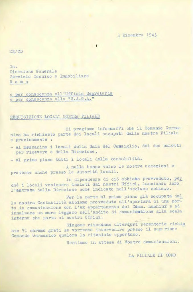 Lettre de réquisition de l'agence de Côme par la Wehrmacht, décembre 1943. Archives historiques BNL.
