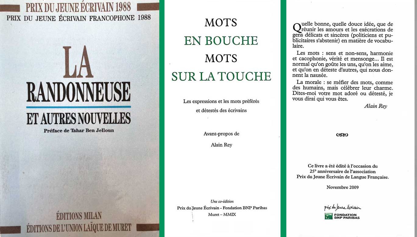 Left : cover of the book by the winner of the 1988 Young Writer's Award, Marie Darieussecq. Right : cover and fourth cover of the book published on the occasion of the 25th anniversary of the Young Writer's Award in 2009. Archives and History BNP Paribas.