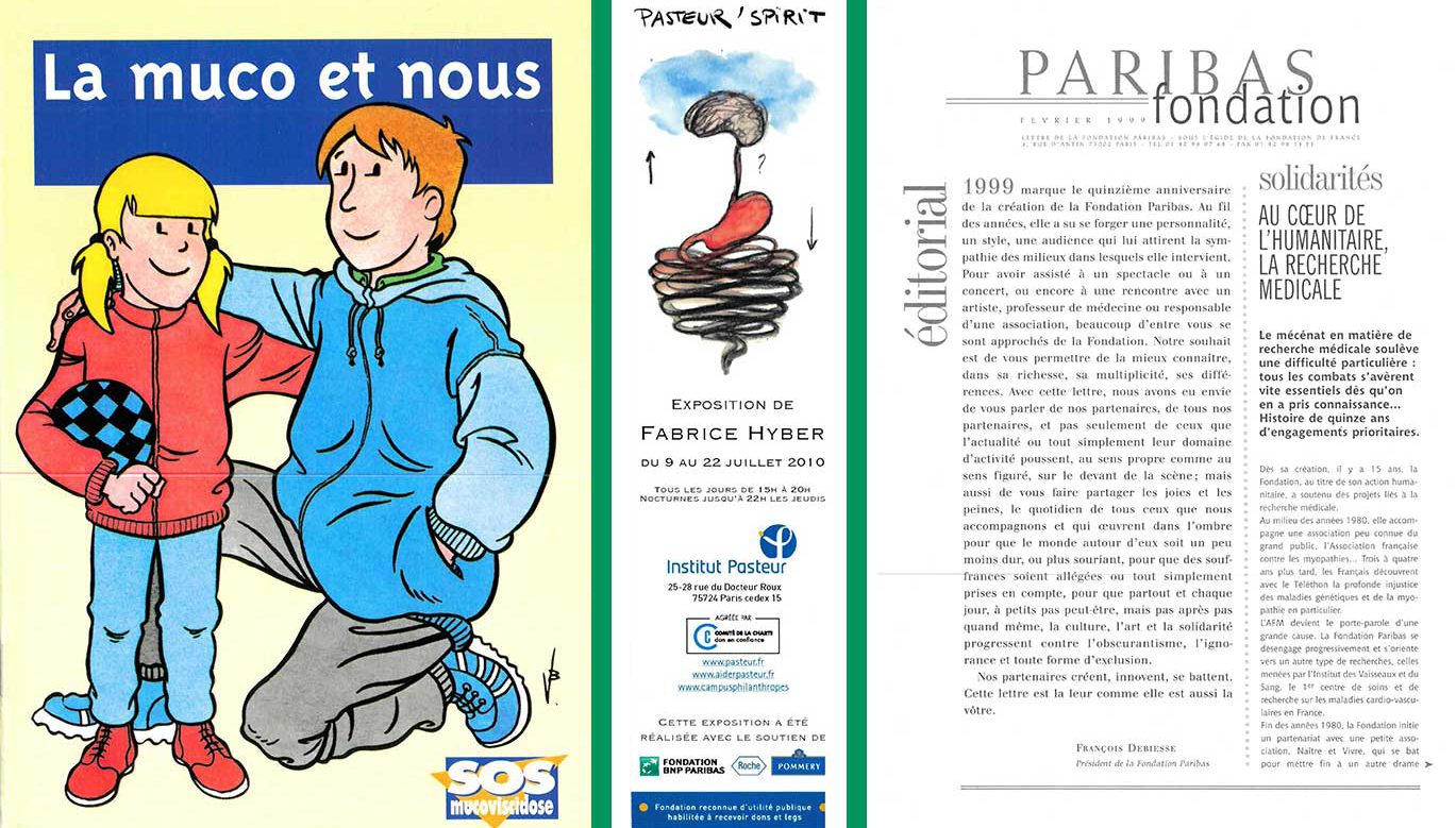 From left to right: at the request of a Paribas employee, participation in the editing and promotion of this brochure to help SOS mucoviscidose; participation in an exhibition for the benefit of the Pasteur Institute and an extract from the letter from the Paribas Foundation of February 1999. Archives and History BNP Paribas.