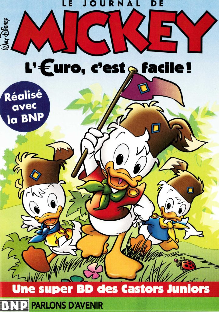 Première de couverture du mini Journal de Mickey "L'euro c'est facile" publié par la BNP, Disneyland Paris et le Journal de Mickey en 1998