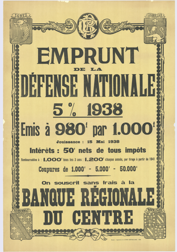 National Defense loan 5% issued by Banque Régionale du Centre en 1938, BNP Paribas Historical Archives, 4AF688