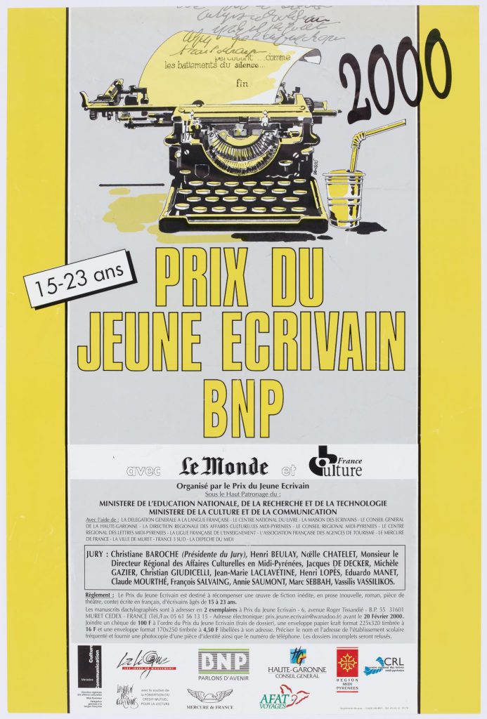 Affiche pour l'édition du prix du jeune écrivain de 2000. Avec sa couleur jaune et le dessin d'une vieille machine à écrire prenant la moitié de l'affiche, la mention BNP saute aux yeux.