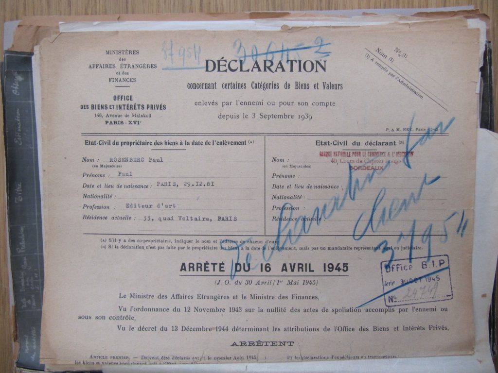 OBIP, arrêté du 16 avril 1945 concernant la restitution des biens spoliés, Ministère des affaires étrangères, 13BIP-162_8955-1, Ministère des affaires étrangères, 13BIP-162_8955-1