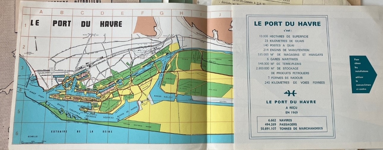 Document promotionnel représentant le port du Havre reconstruit (12AH1206), années 1960.