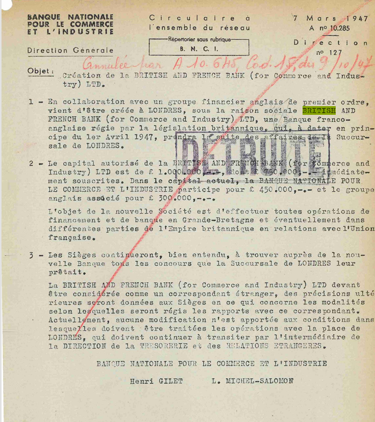 251ah035 Création Del A British1french Bank 7 Mars 1947