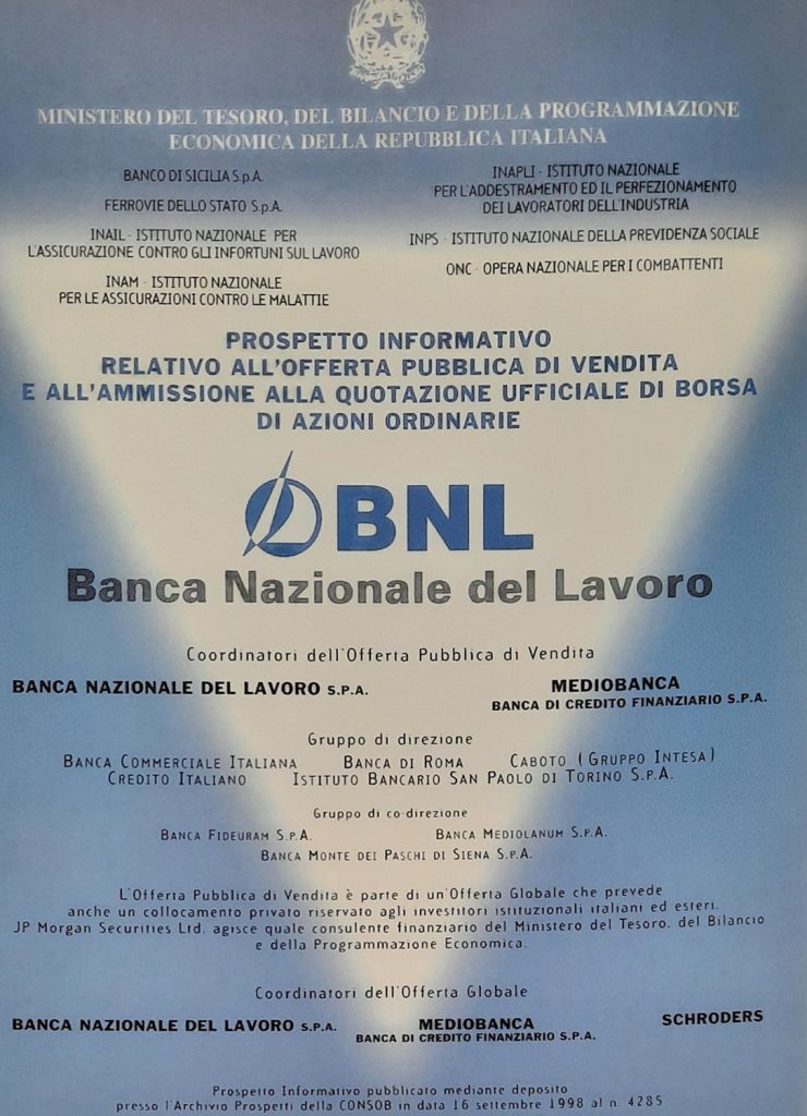 Prospectus d'information sur l'offre publique de vente d'actions ordinaires de la BNL 1998